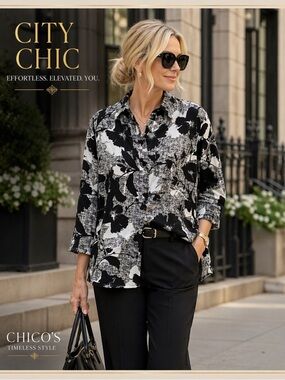 Chico’s Black & White Floral Button Down ✨ City Chic Luxe Boxy Blouse Effortless
